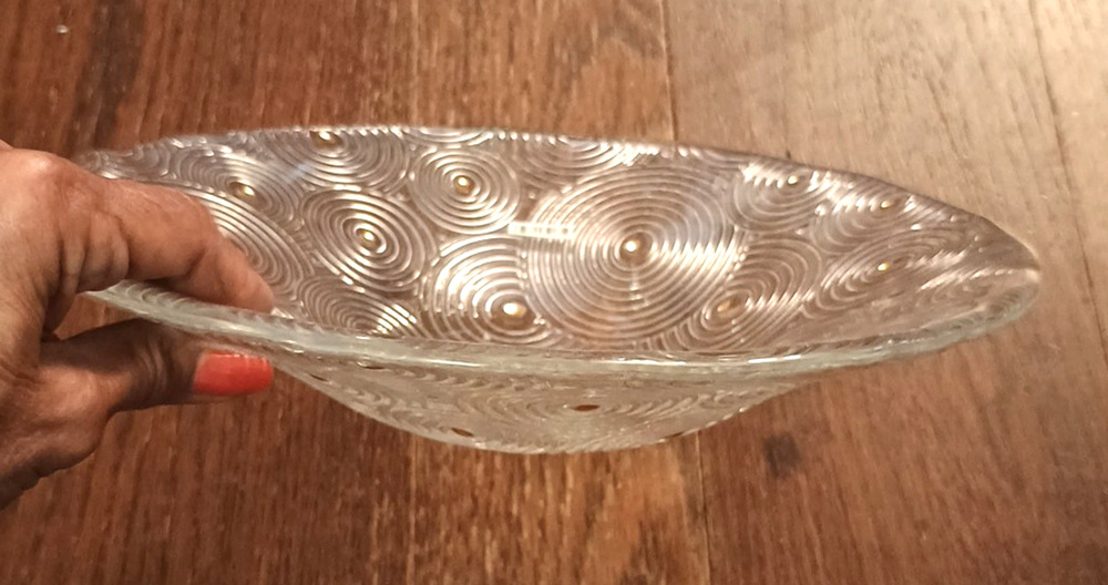 Decorative Glass Serving Bowl Clear Grooved Rings Gold Dots 12" Pier 1 Italy New